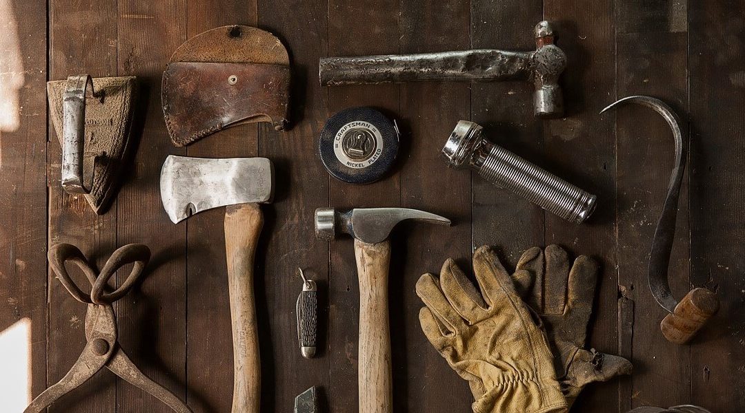 overhead view of tools on a tool bench