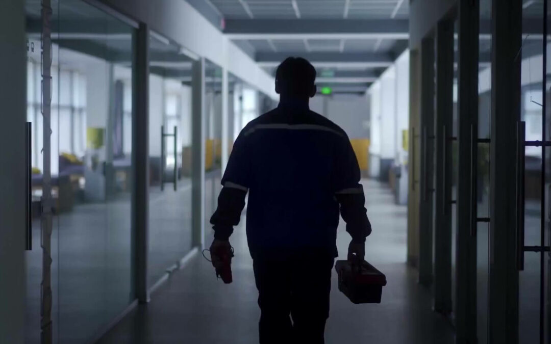 Healthcare facility technician walking down a hospital hallway